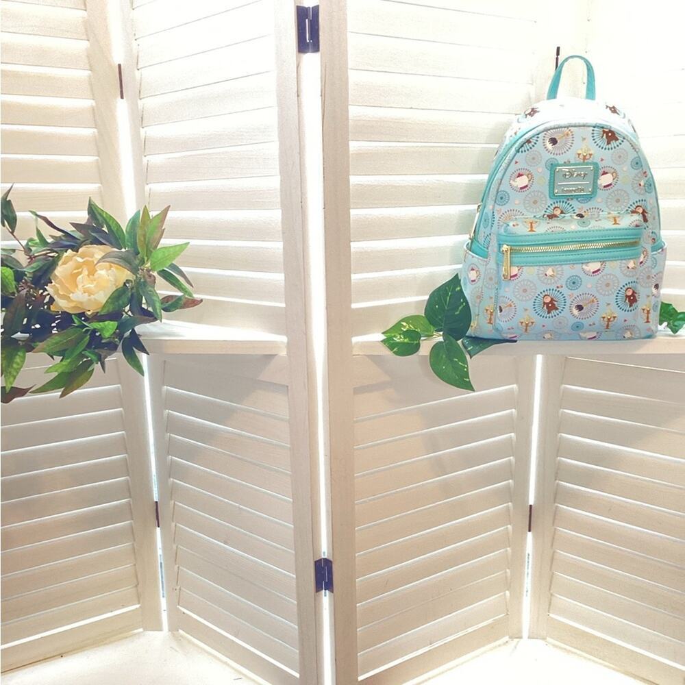 LOUNGEFLY DISNEY BLUE BE OUR GUEST BEAUTY AND THE BEAST BACK PACK